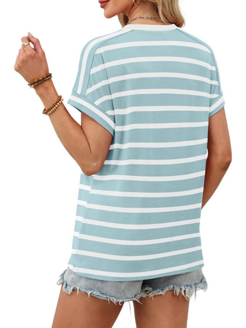 Women's Blue White Striped Crew-neck Short Sleeve Classic Loose Fit Summer Shirt - Picture 5 of 5